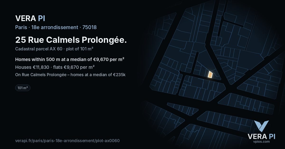 25 Rue Calmels Prolongée, 18e arrondissement at night – the plot lit, the parcels around coloured by the prices near them