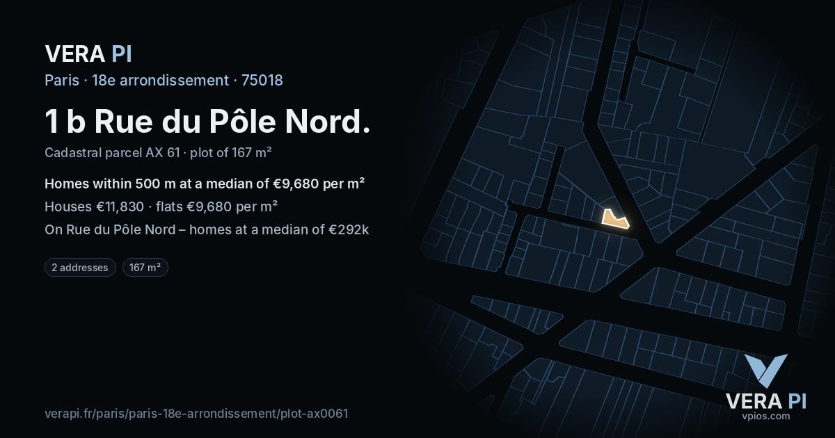 1 b Rue du Pôle Nord, 18e arrondissement at night – the plot lit, the parcels around coloured by the prices near them