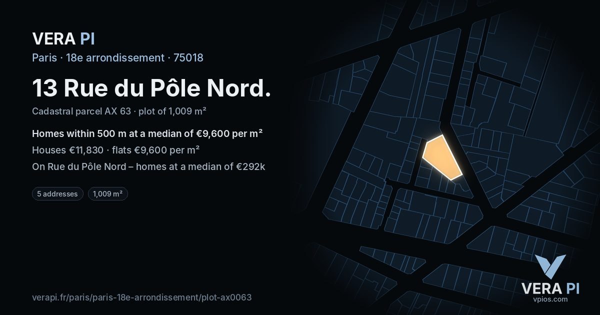 13 Rue du Pôle Nord, 18e arrondissement at night – the plot lit, the parcels around coloured by the prices near them