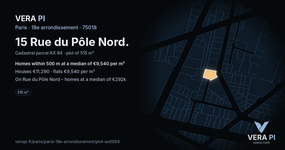 15 Rue du Pôle Nord, 18e arrondissement at night – the plot lit, the parcels around coloured by the prices near them