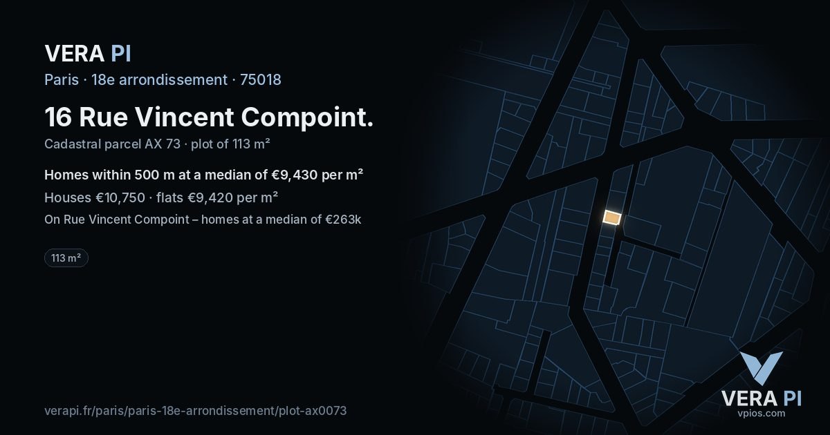16 Rue Vincent Compoint, 18e arrondissement at night – the plot lit, the parcels around coloured by the prices near them