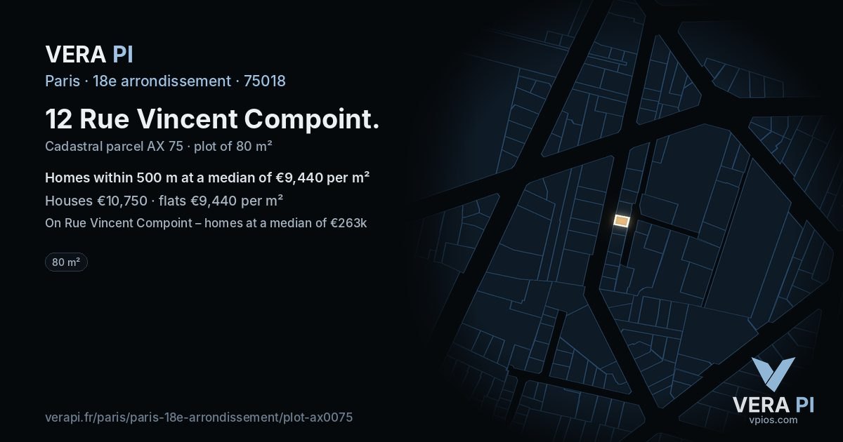 12 Rue Vincent Compoint, 18e arrondissement at night – the plot lit, the parcels around coloured by the prices near them