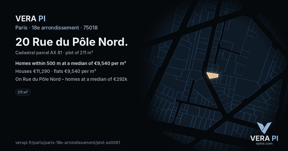 20 Rue du Pôle Nord, 18e arrondissement at night – the plot lit, the parcels around coloured by the prices near them