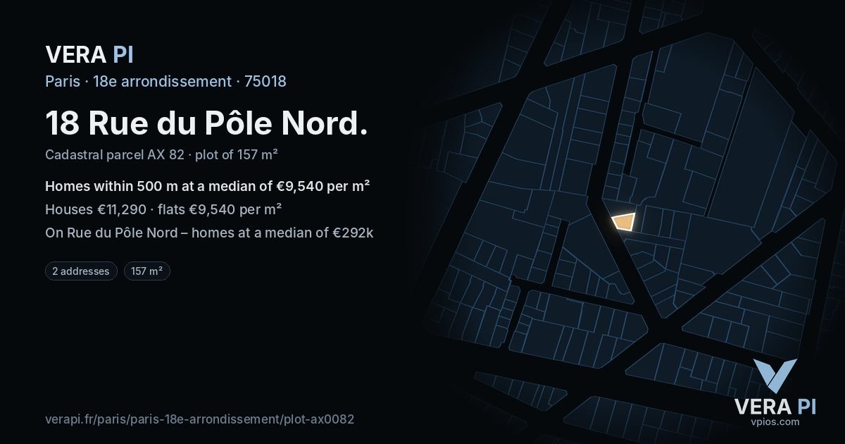 18 Rue du Pôle Nord, 18e arrondissement at night – the plot lit, the parcels around coloured by the prices near them