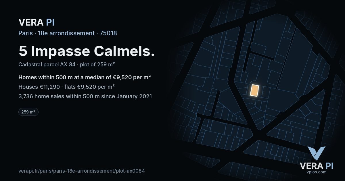 5 Impasse Calmels, 18e arrondissement at night – the plot lit, the parcels around coloured by the prices near them