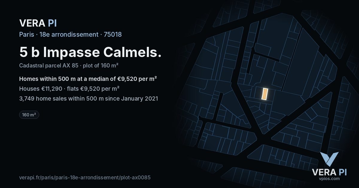 5 b Impasse Calmels, 18e arrondissement at night – the plot lit, the parcels around coloured by the prices near them
