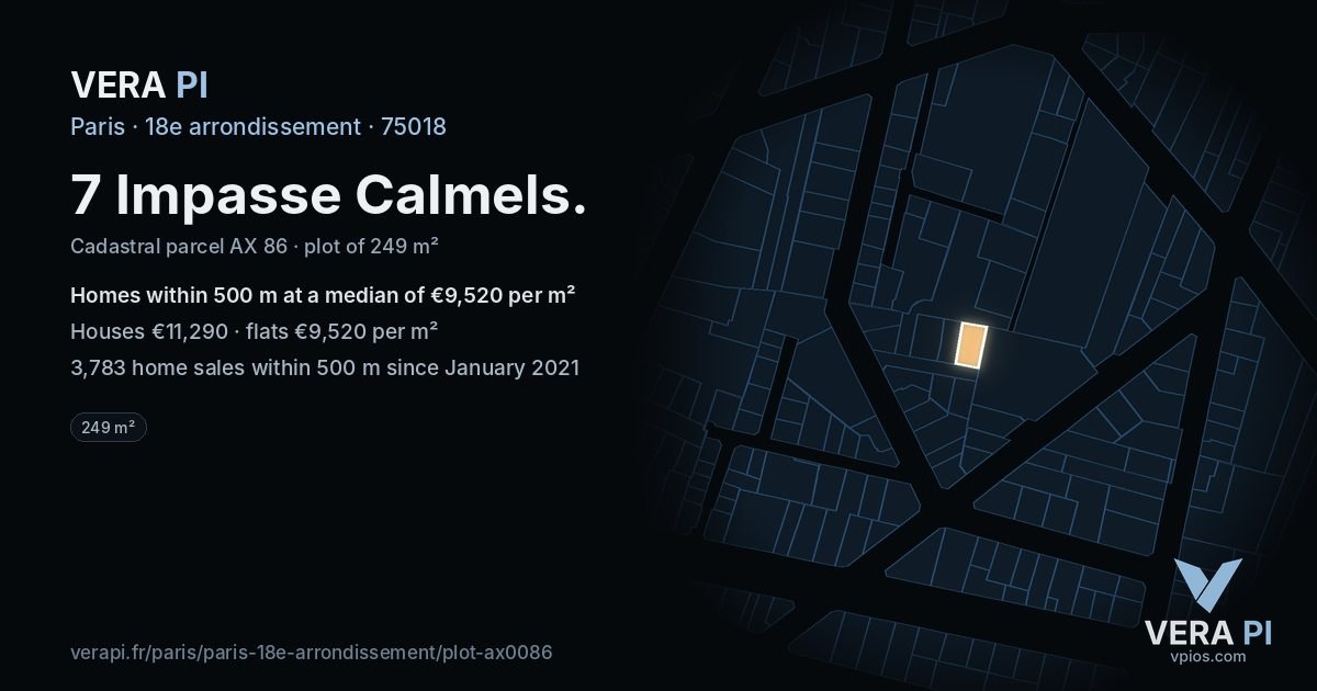 7 Impasse Calmels, 18e arrondissement at night – the plot lit, the parcels around coloured by the prices near them
