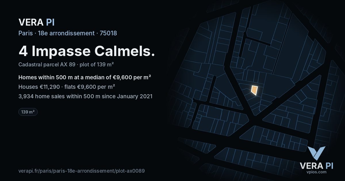 4 Impasse Calmels, 18e arrondissement at night – the plot lit, the parcels around coloured by the prices near them