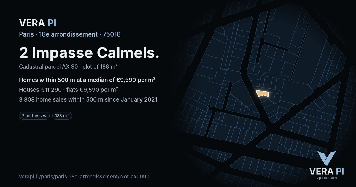 2 Impasse Calmels, 18e arrondissement at night – the plot lit, the parcels around coloured by the prices near them