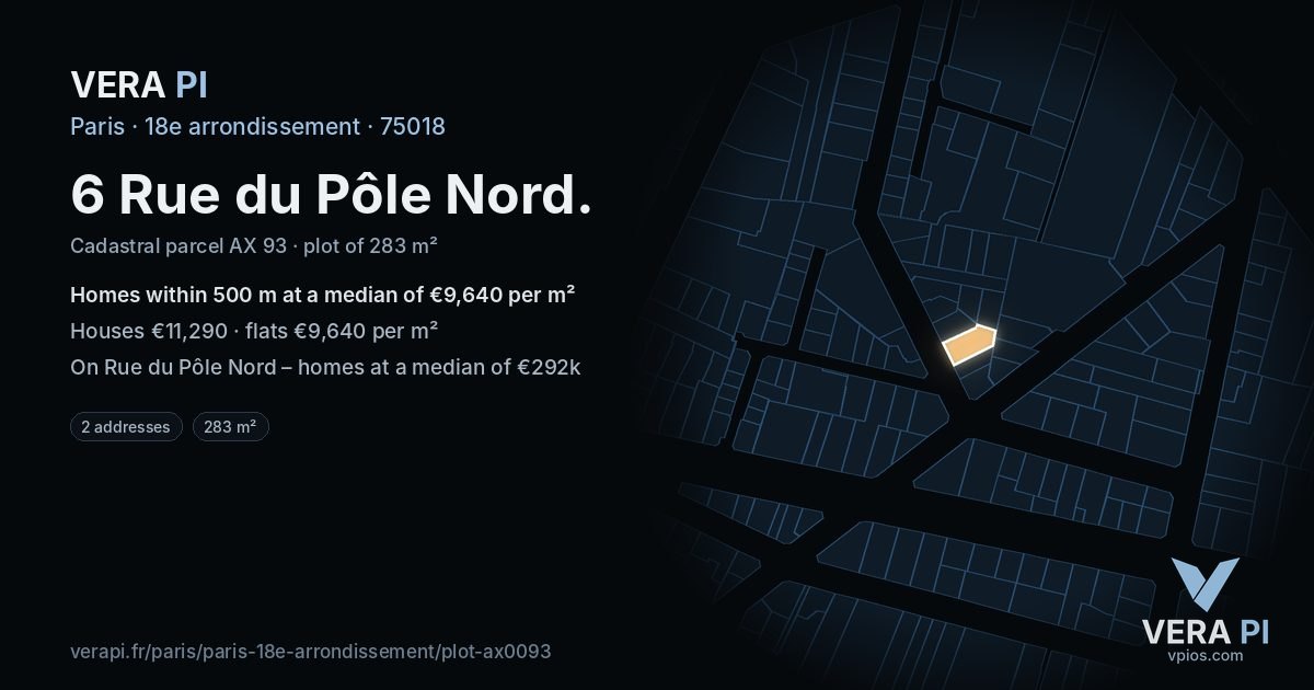 6 Rue du Pôle Nord, 18e arrondissement at night – the plot lit, the parcels around coloured by the prices near them
