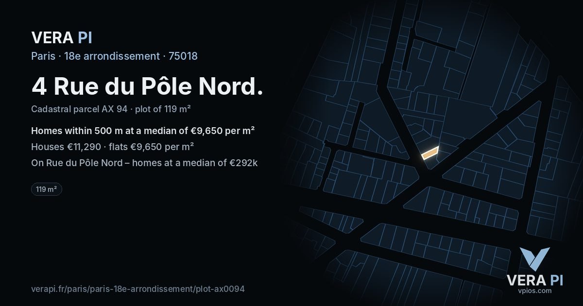 4 Rue du Pôle Nord, 18e arrondissement at night – the plot lit, the parcels around coloured by the prices near them