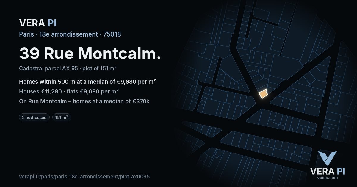 39 Rue Montcalm, 18e arrondissement at night – the plot lit, the parcels around coloured by the prices near them
