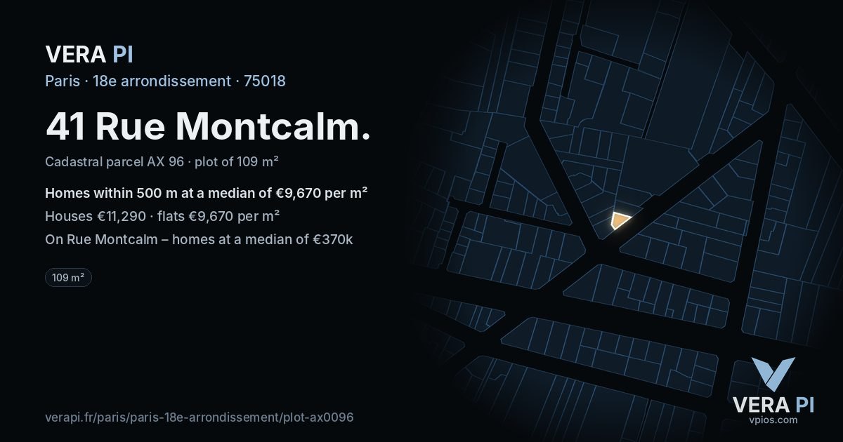 41 Rue Montcalm, 18e arrondissement at night – the plot lit, the parcels around coloured by the prices near them