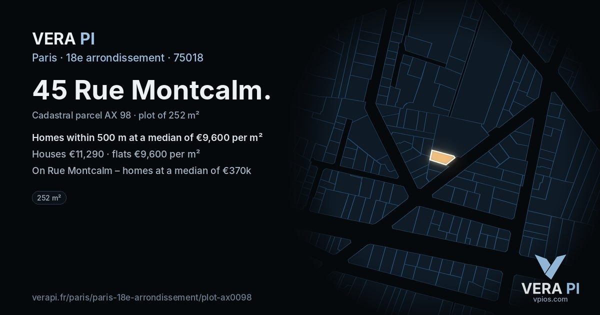 45 Rue Montcalm, 18e arrondissement at night – the plot lit, the parcels around coloured by the prices near them