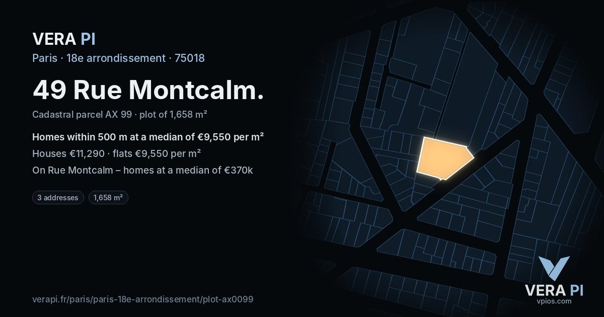 49 Rue Montcalm, 18e arrondissement at night – the plot lit, the parcels around coloured by the prices near them