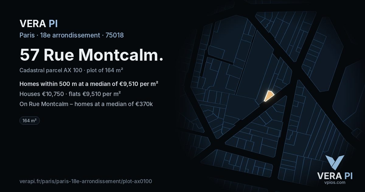 57 Rue Montcalm, 18e arrondissement at night – the plot lit, the parcels around coloured by the prices near them