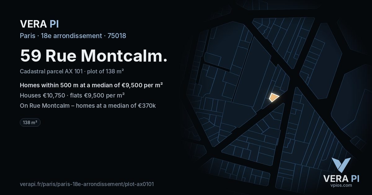 59 Rue Montcalm, 18e arrondissement at night – the plot lit, the parcels around coloured by the prices near them
