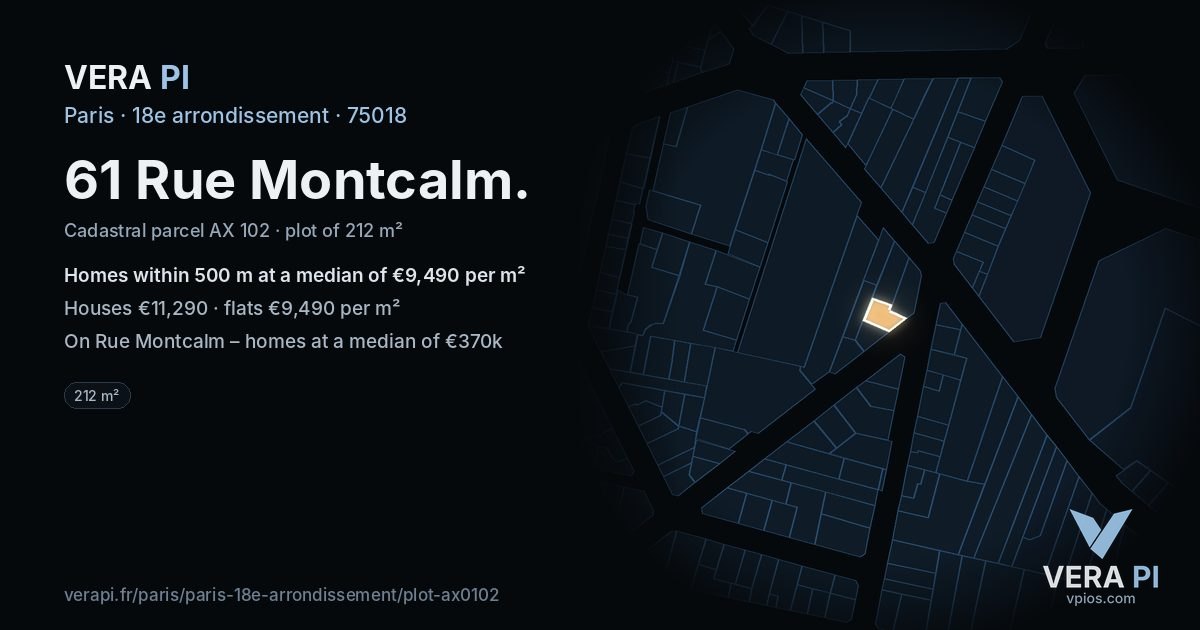 61 Rue Montcalm, 18e arrondissement at night – the plot lit, the parcels around coloured by the prices near them