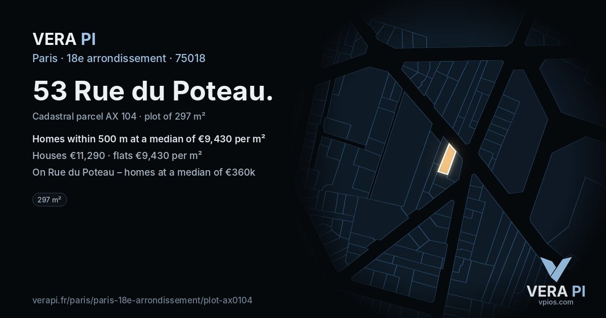 53 Rue du Poteau, 18e arrondissement at night – the plot lit, the parcels around coloured by the prices near them