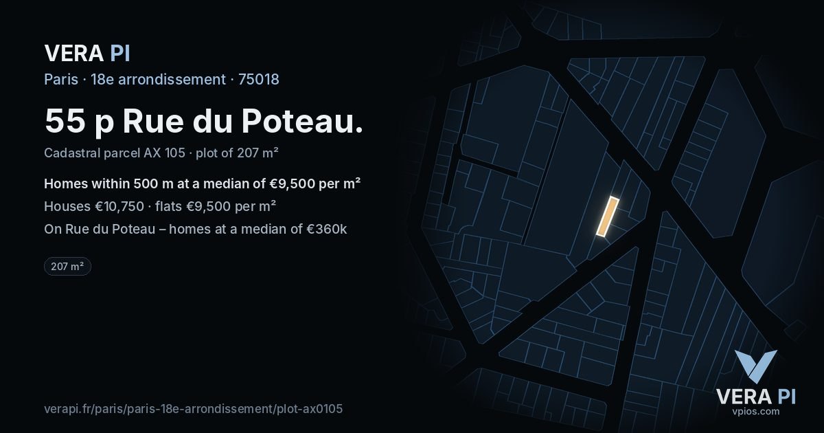 55 p Rue du Poteau, 18e arrondissement at night – the plot lit, the parcels around coloured by the prices near them