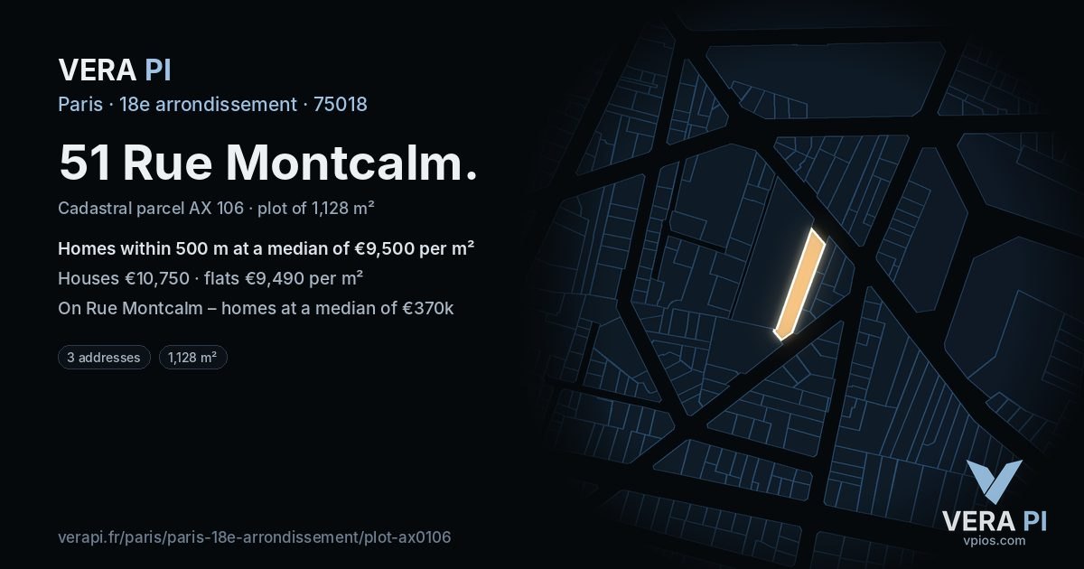 51 Rue Montcalm, 18e arrondissement at night – the plot lit, the parcels around coloured by the prices near them