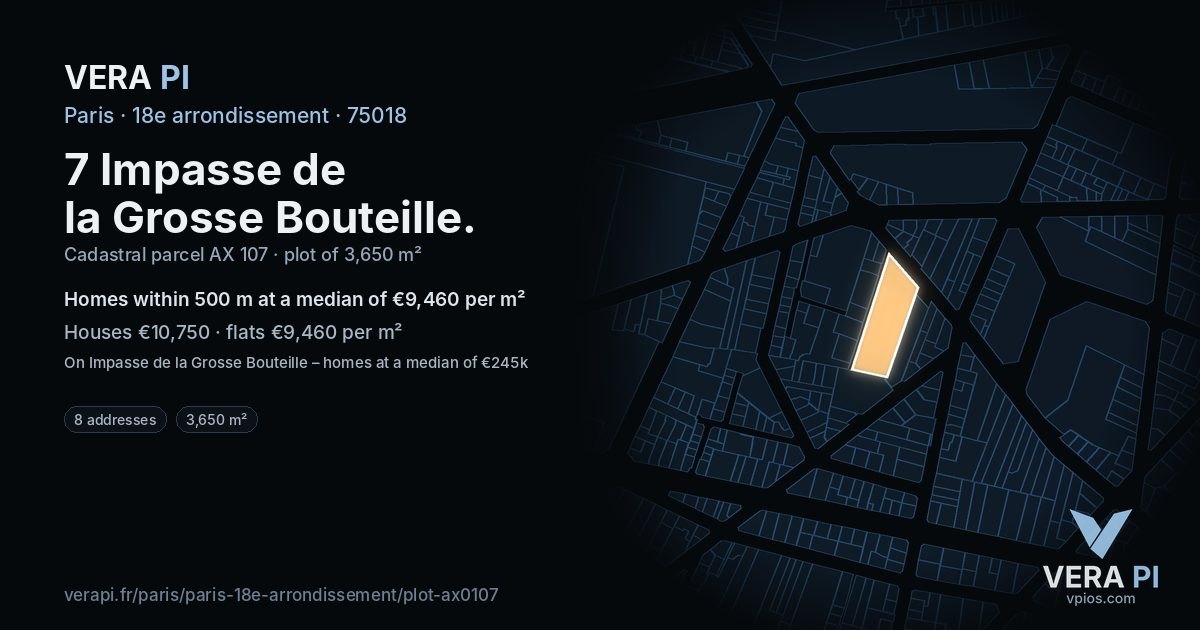 7 Impasse de la Grosse Bouteille, 18e arrondissement at night – the plot lit, the parcels around coloured by the prices near them