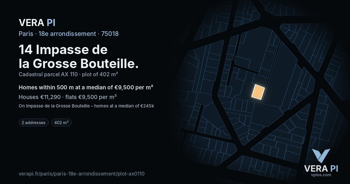 14 Impasse de la Grosse Bouteille, 18e arrondissement at night – the plot lit, the parcels around coloured by the prices near them