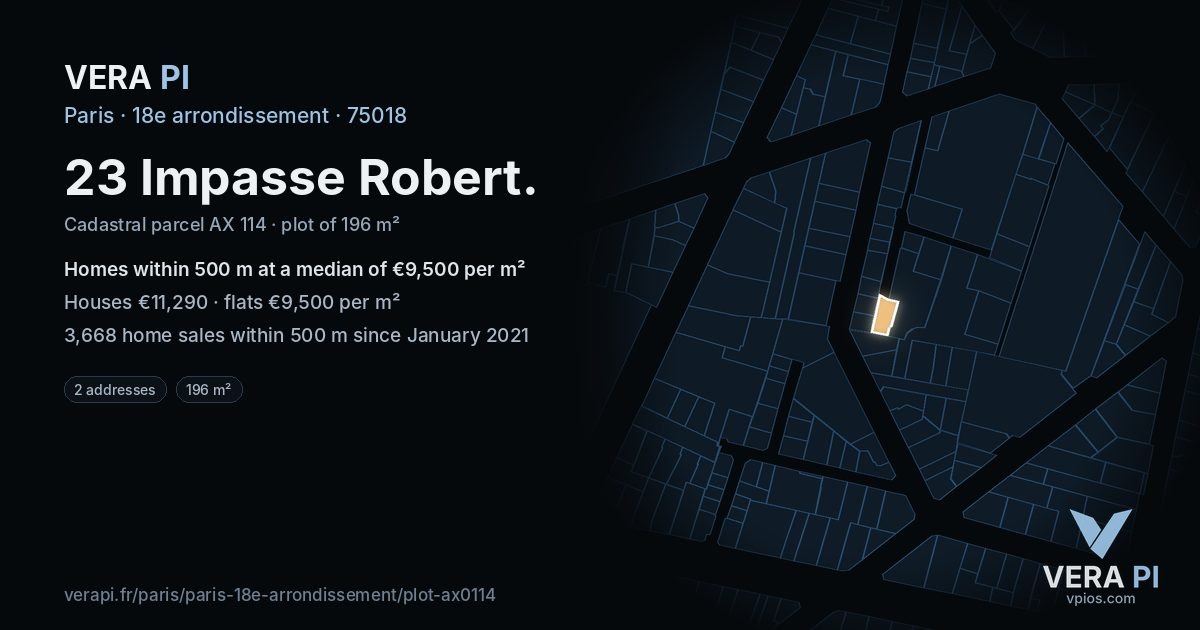 23 Impasse Robert, 18e arrondissement at night – the plot lit, the parcels around coloured by the prices near them