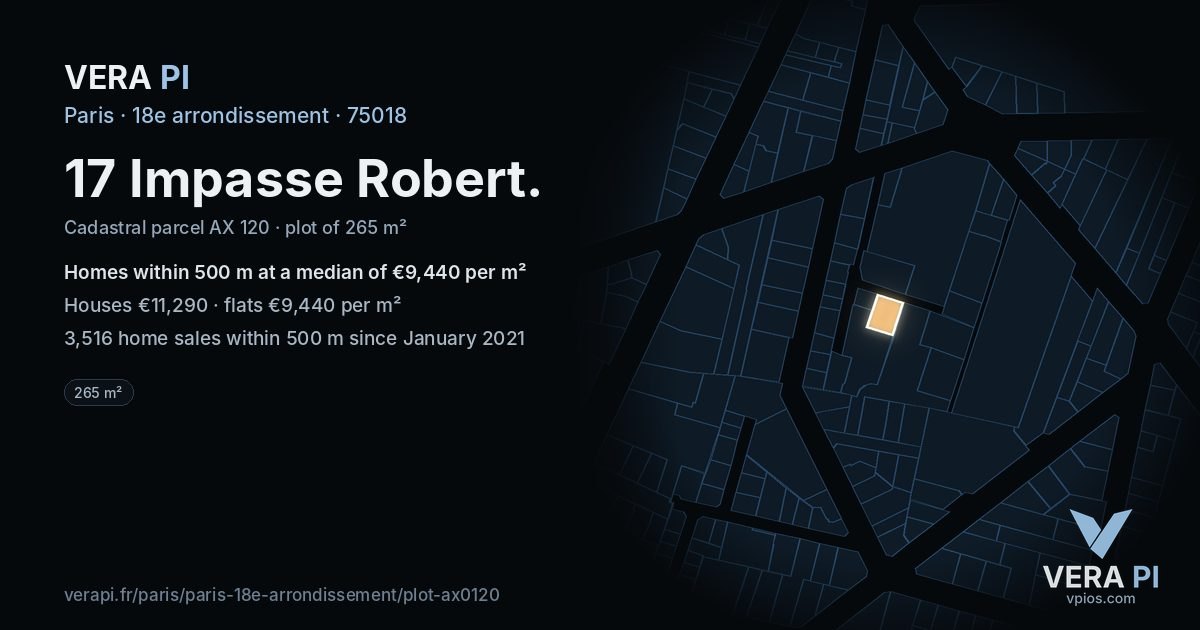 17 Impasse Robert, 18e arrondissement at night – the plot lit, the parcels around coloured by the prices near them