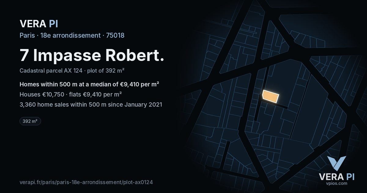 7 Impasse Robert, 18e arrondissement at night – the plot lit, the parcels around coloured by the prices near them