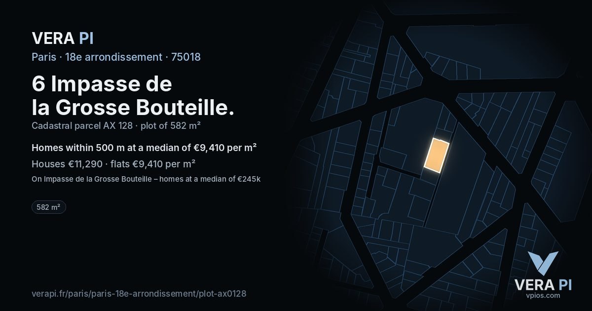6 Impasse de la Grosse Bouteille, 18e arrondissement at night – the plot lit, the parcels around coloured by the prices near them