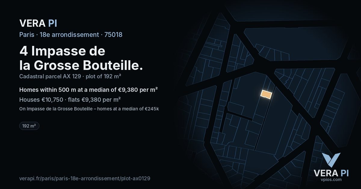 4 Impasse de la Grosse Bouteille, 18e arrondissement at night – the plot lit, the parcels around coloured by the prices near them