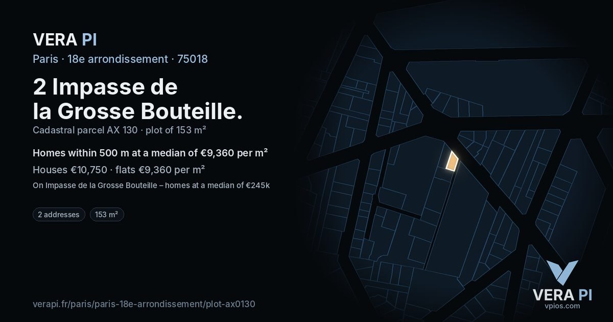 2 Impasse de la Grosse Bouteille, 18e arrondissement at night – the plot lit, the parcels around coloured by the prices near them