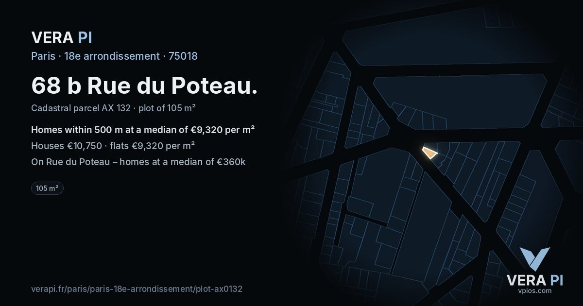 68 b Rue du Poteau, 18e arrondissement at night – the plot lit, the parcels around coloured by the prices near them