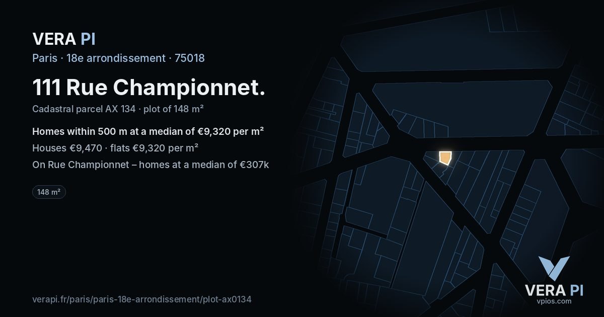 111 Rue Championnet, 18e arrondissement at night – the plot lit, the parcels around coloured by the prices near them