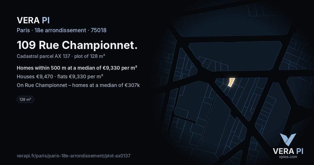 109 Rue Championnet, 18e arrondissement at night – the plot lit, the parcels around coloured by the prices near them