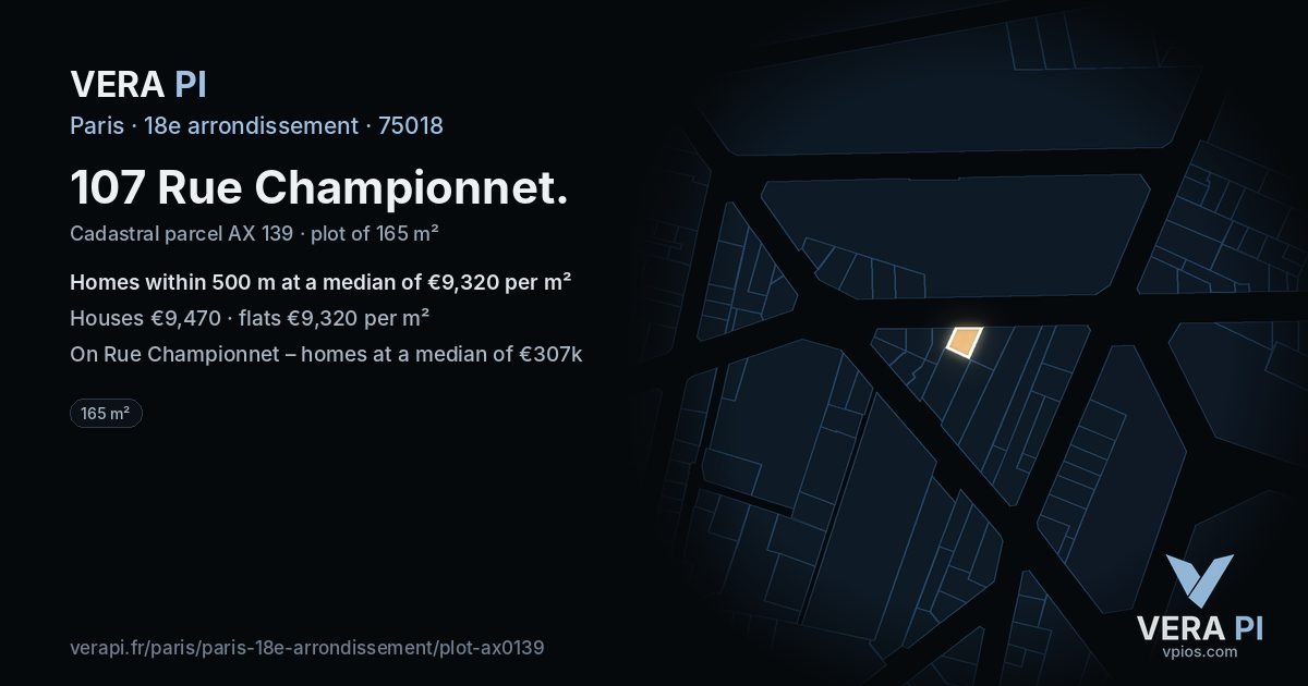 107 Rue Championnet, 18e arrondissement at night – the plot lit, the parcels around coloured by the prices near them