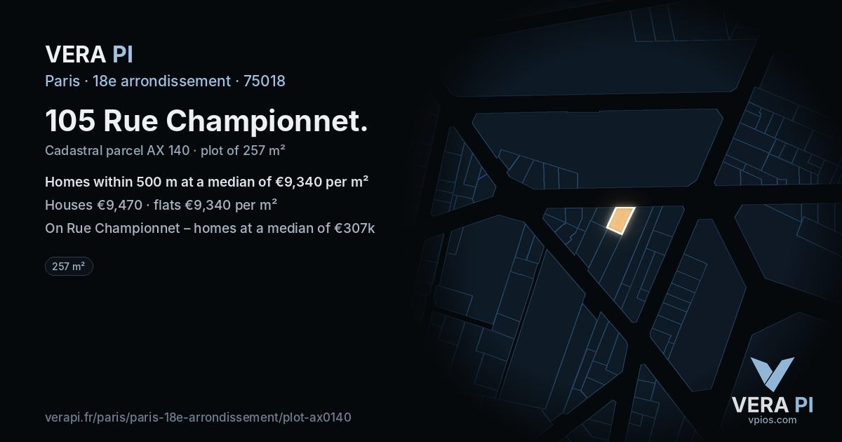 105 Rue Championnet, 18e arrondissement at night – the plot lit, the parcels around coloured by the prices near them