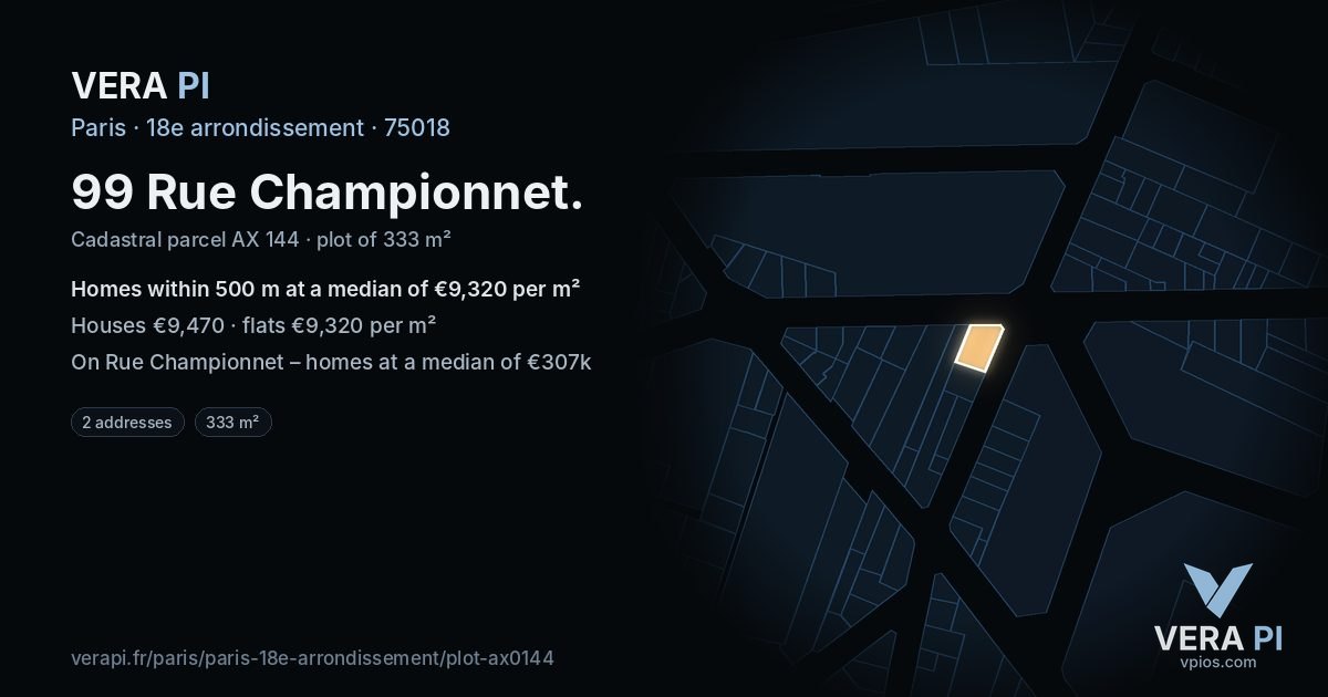 99 Rue Championnet, 18e arrondissement at night – the plot lit, the parcels around coloured by the prices near them