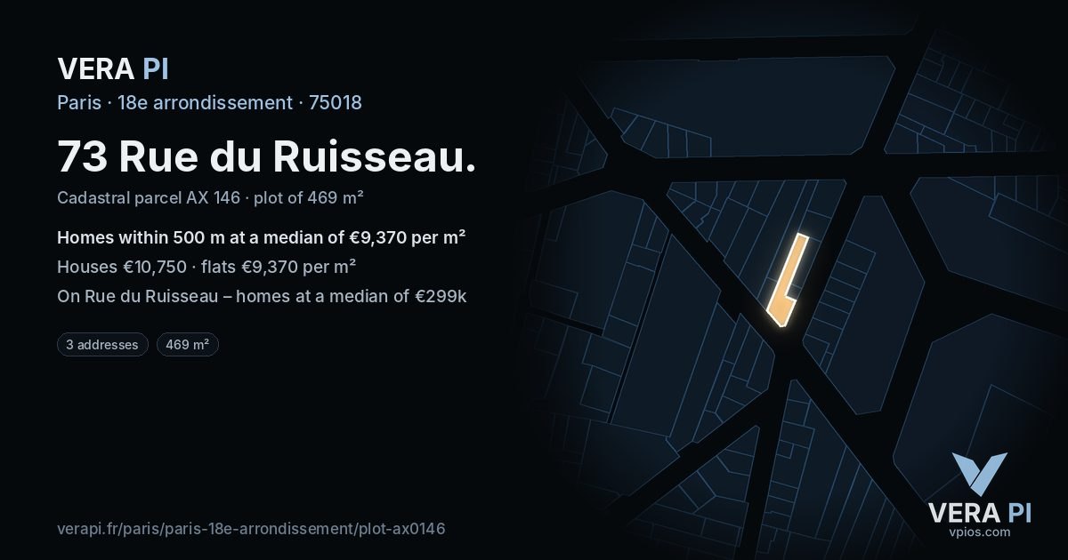 73 Rue du Ruisseau, 18e arrondissement at night – the plot lit, the parcels around coloured by the prices near them