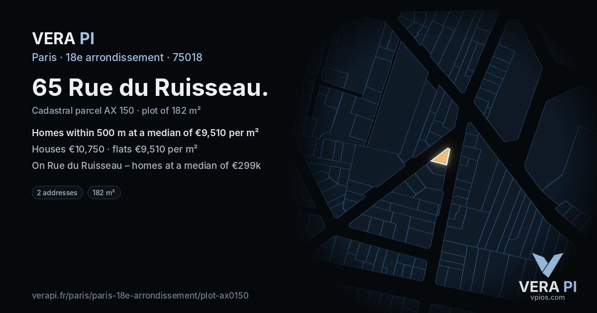 65 Rue du Ruisseau, 18e arrondissement at night – the plot lit, the parcels around coloured by the prices near them