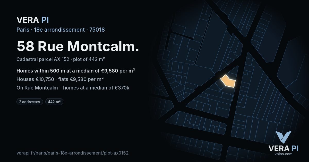 58 Rue Montcalm, 18e arrondissement at night – the plot lit, the parcels around coloured by the prices near them
