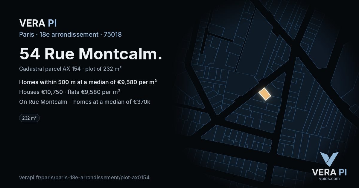 54 Rue Montcalm, 18e arrondissement at night – the plot lit, the parcels around coloured by the prices near them