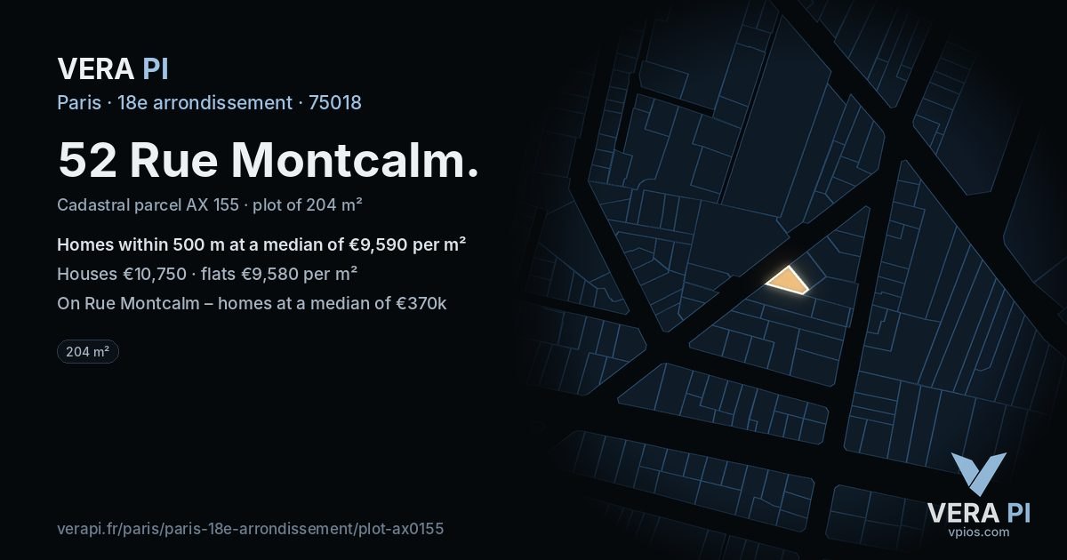 52 Rue Montcalm, 18e arrondissement at night – the plot lit, the parcels around coloured by the prices near them
