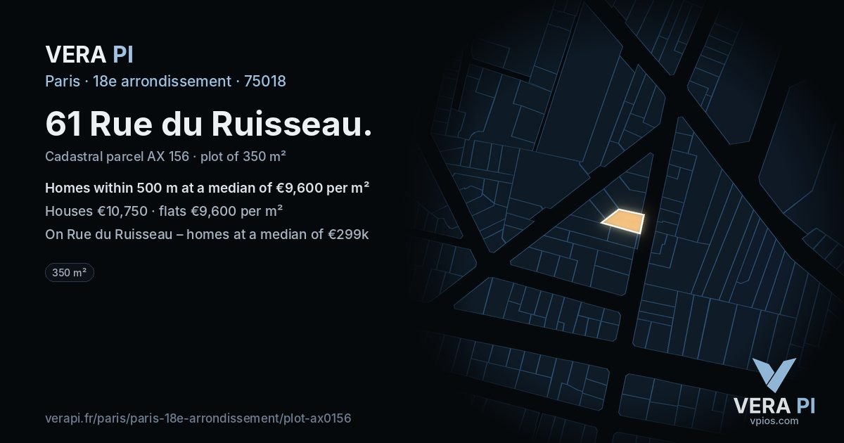 61 Rue du Ruisseau, 18e arrondissement at night – the plot lit, the parcels around coloured by the prices near them
