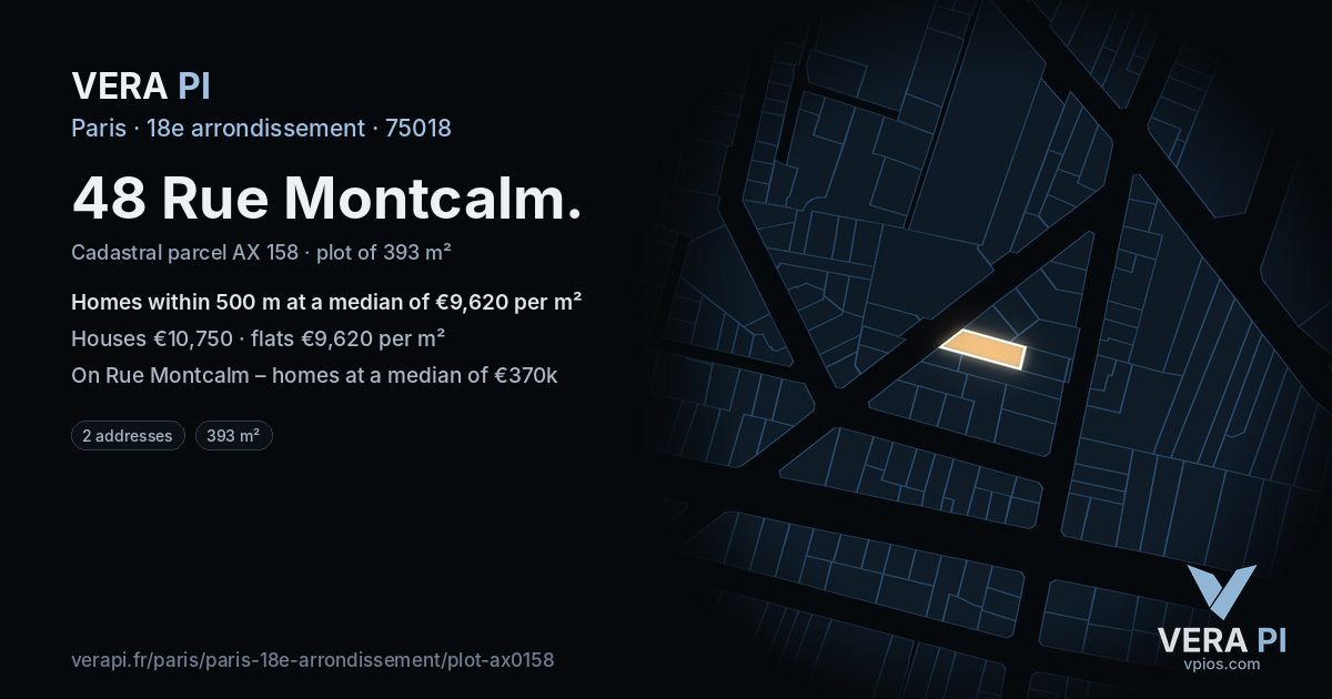 48 Rue Montcalm, 18e arrondissement at night – the plot lit, the parcels around coloured by the prices near them