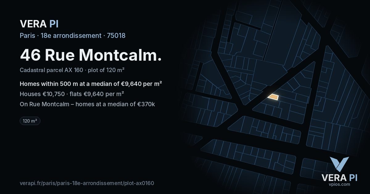 46 Rue Montcalm, 18e arrondissement at night – the plot lit, the parcels around coloured by the prices near them