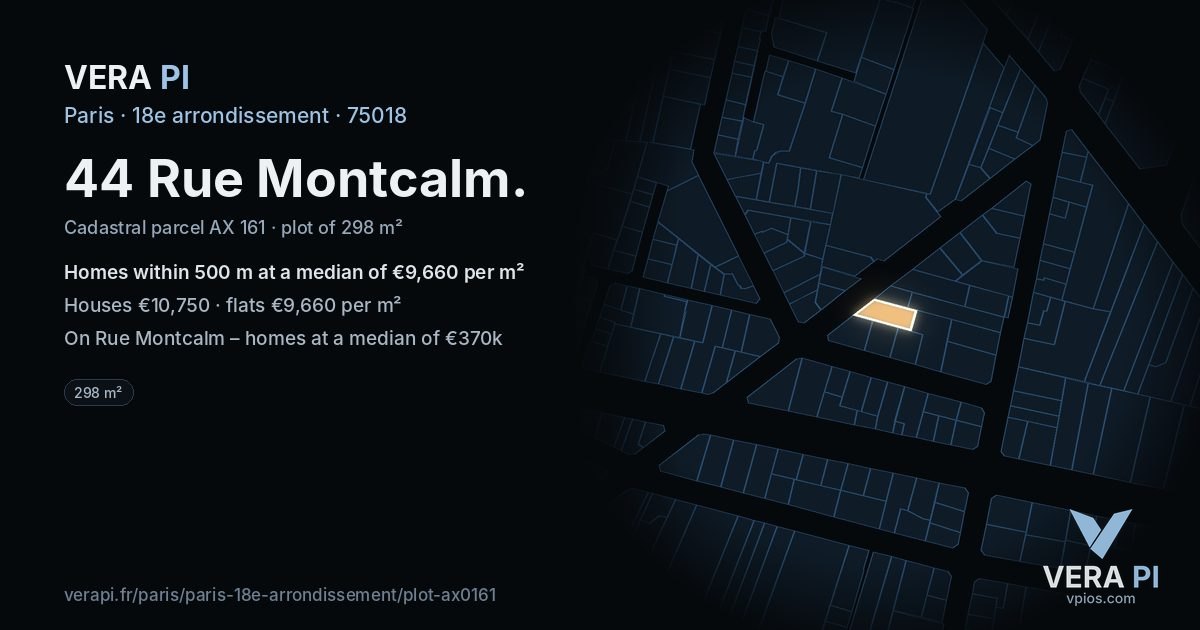 44 Rue Montcalm, 18e arrondissement at night – the plot lit, the parcels around coloured by the prices near them