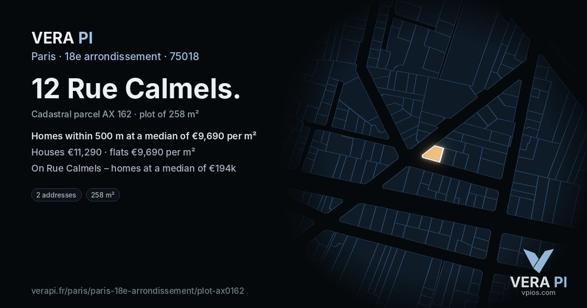 12 Rue Calmels, 18e arrondissement at night – the plot lit, the parcels around coloured by the prices near them