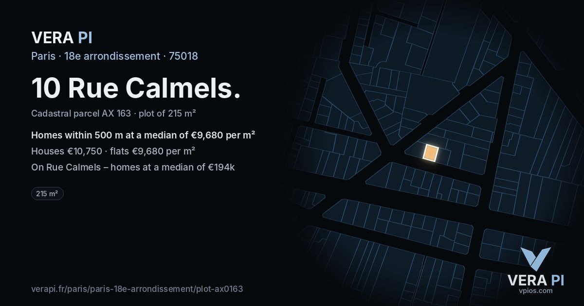 10 Rue Calmels, 18e arrondissement at night – the plot lit, the parcels around coloured by the prices near them